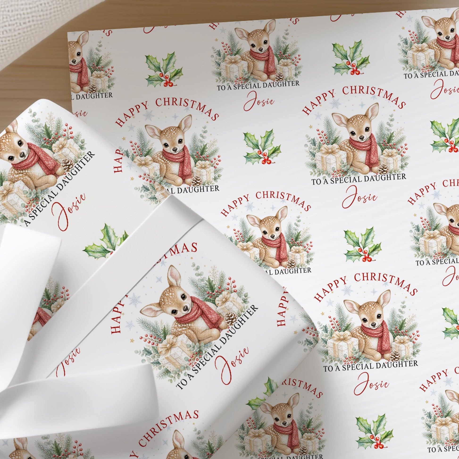 Sheets of the personalised deer Christmas wrapping paper