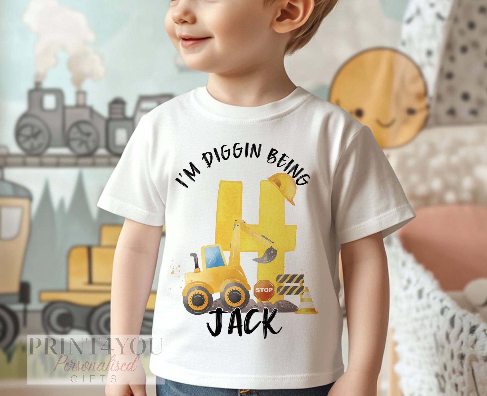 Personalised construction digger t-shirt, digger graphic print detail on white cotton