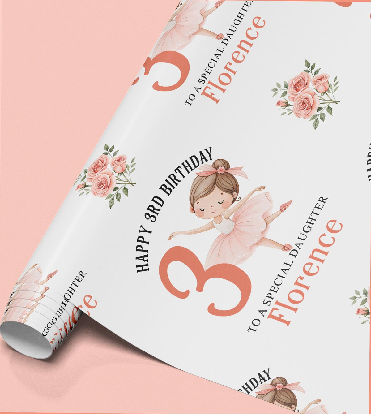 Personalised ballerina wrapping paper shown wrapped around a gift box to demonstrate the finished look.