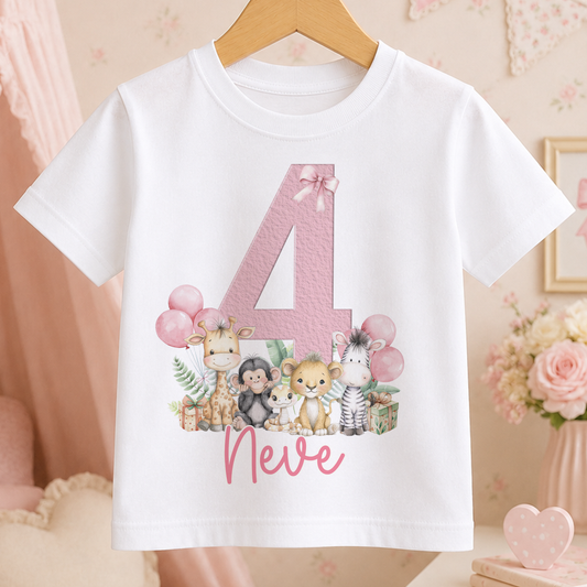 Pink safari personalised birthday t-shirt with jungle animals, name and age number on white cotton