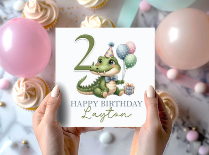 Personalised crocodile birthday card, 6x6 inch white square card, front design