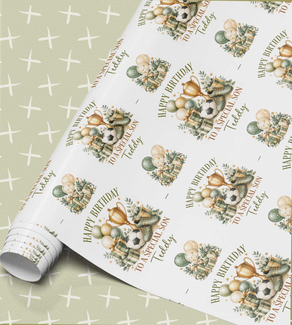 Personalised birthday wrapping paper in sage green with a gold football trophy, ball, boots and balloons, Happy Birthday with a relation and name