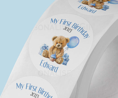 Personalised teddy bear ONE first birthday stickers, glossy 5cm strips of three in a cello bag