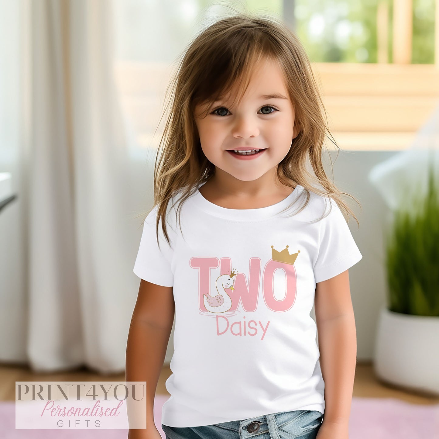Personalised Birthday T-Shirt - Pink Swan Design | First Birthday Top Cotton Tee