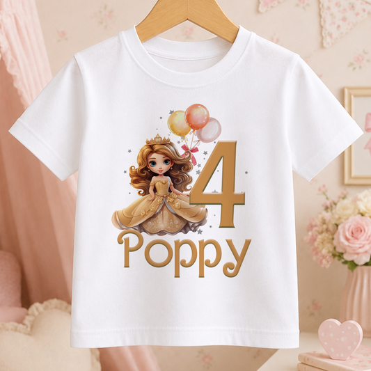 White cotton t-shirt printed with a princess in a gold dress, balloons, a large age number and personalised name