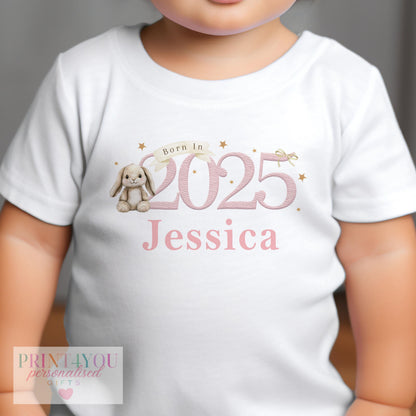 Pink bunny 'Born In 2025' personalised baby vest, part of the newborn gift set.