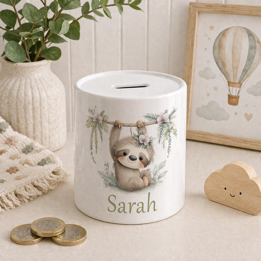 Ceramic money box printed with a personalised sloth design hanging from a branch