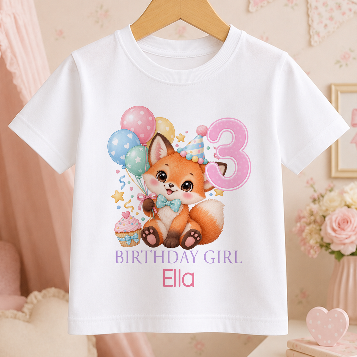 Personalised white t-shirt with a watercolour party fox, pastel balloons and a cupcake, an age number and Birthday Girl above a name