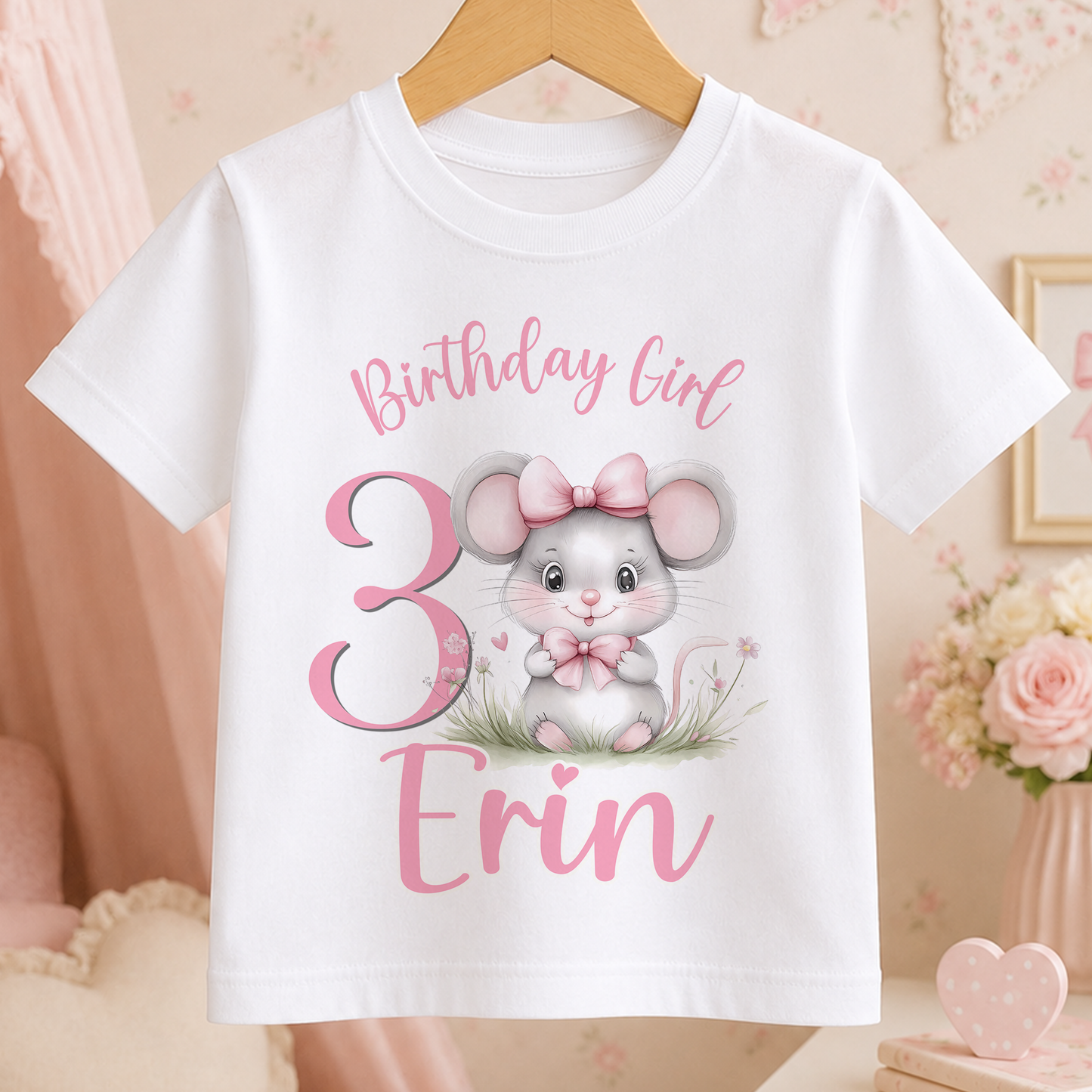 Personalised Mouse Birthday Shirt – Custom Name & Age Girls Party Tee