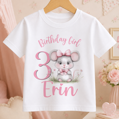 Personalised Mouse Birthday Shirt – Custom Name & Age Girls Party Tee