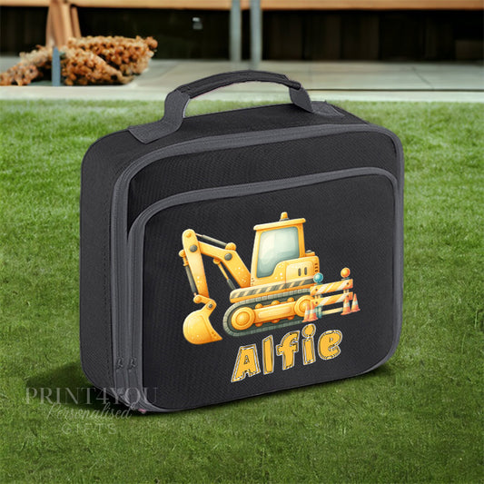 Construction Digger Personalised Lunch Cooler Bag with Separate Front Zip Compartment, Fully Insulated