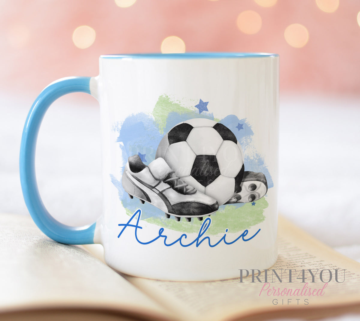 Personalised Football Mug – Boys Blue Handle Ceramic Cup – Custom Football Gift - Full white mug