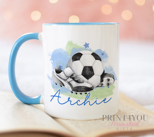 Personalised Football Mug – Boys Blue Handle Ceramic Cup – Custom Football Gift - Full white mug