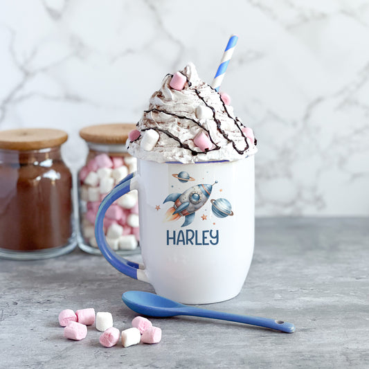 Personalised Mug with a Spoon, Blue Handled Mug, Christmas Gifts for Children, Stocking Filler, Space Rocket and Name