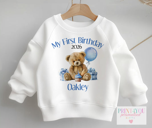 Personalised blue teddy bear first birthday sweatshirt with custom printed name