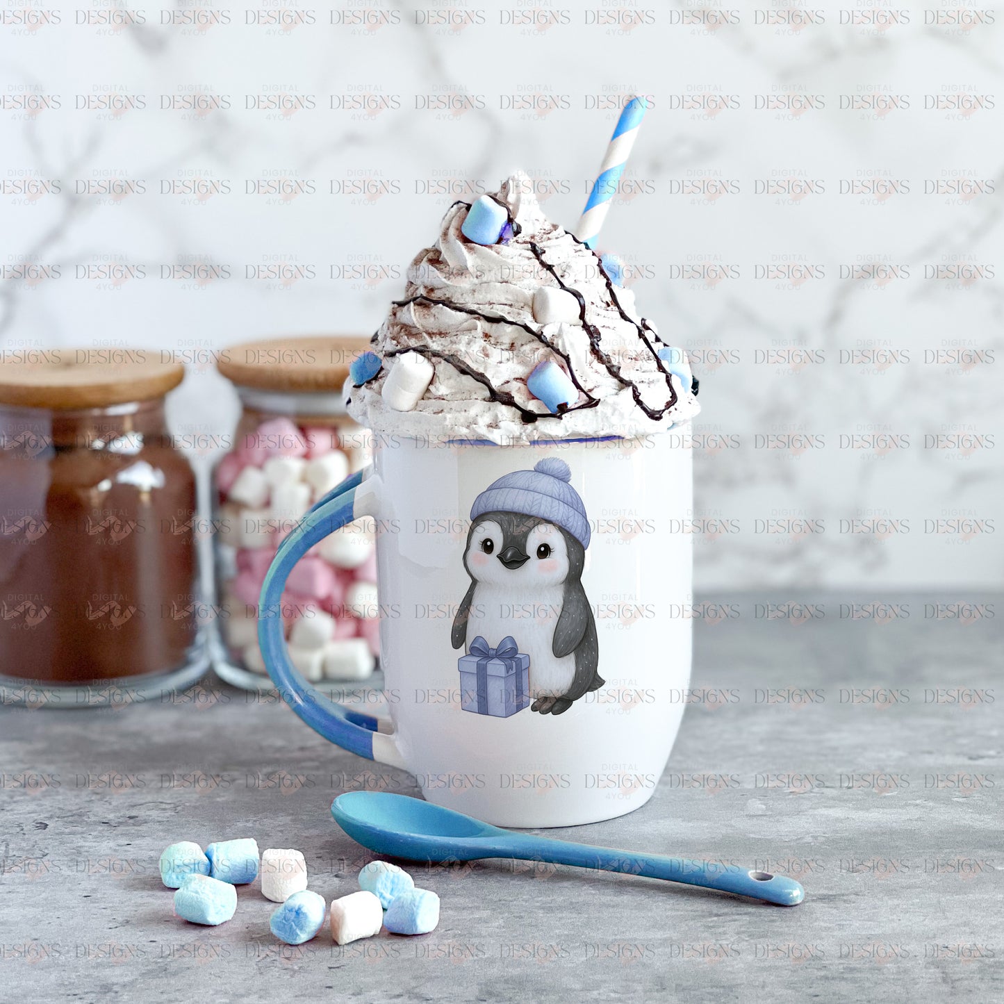 Gift Penguin PNG Exclusive Set – Blue & Pink Festive Digital Artwork