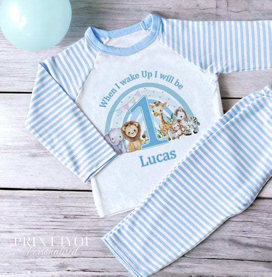 Personalised Pink Striped Children's Pyjamas "When I Wake Up I Will Be ...." with Blue Safari Rainbow - 6-12 months