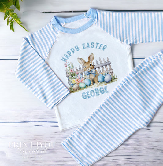 Personalised Boys Easter Pyjamas – Blue Striped Cotton Sleepwear With Bunny Print - 6-12 months