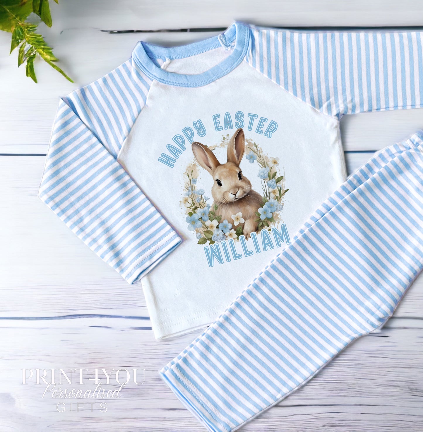 Personalised Boys Easter Pyjamas – Blue Striped Kids Cotton Pajamas With Cute Graphic - 6-12 months