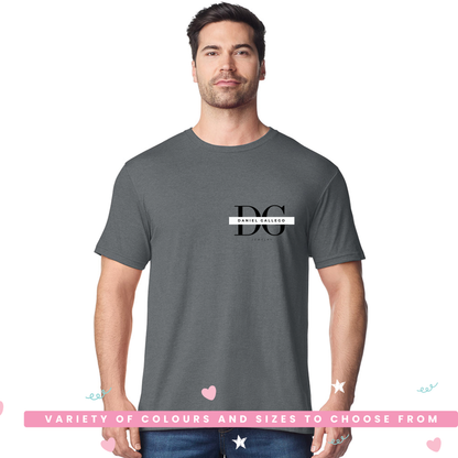 Branded heavy cotton T-shirt customised with a printed company logo on the chest, front view.