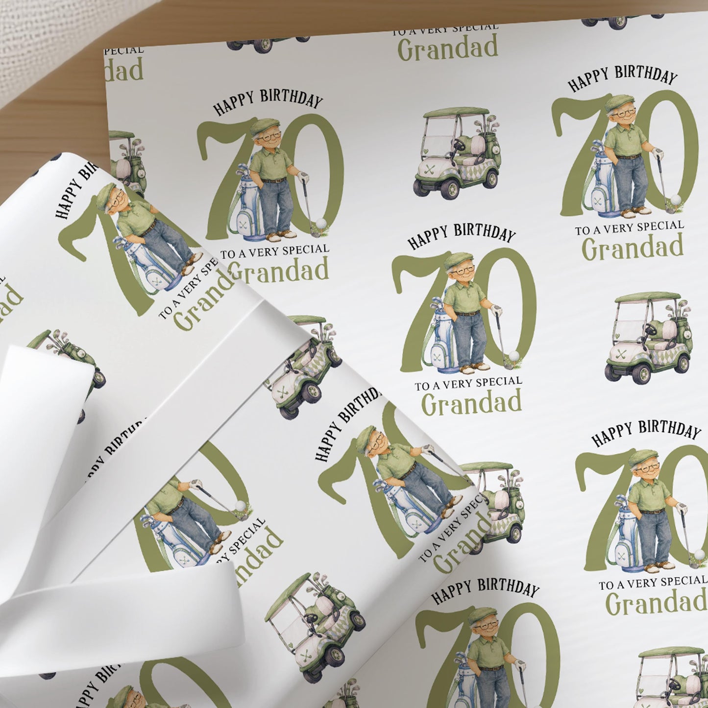Personalised golf birthday wrapping paper featuring a gentleman golfer, green golf buggy, custom name, age and relation, birthday gift wrap.