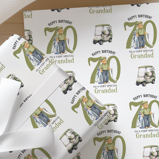 Personalised golf birthday wrapping paper featuring a gentleman golfer, green golf buggy, custom name, age and relation, birthday gift wrap.