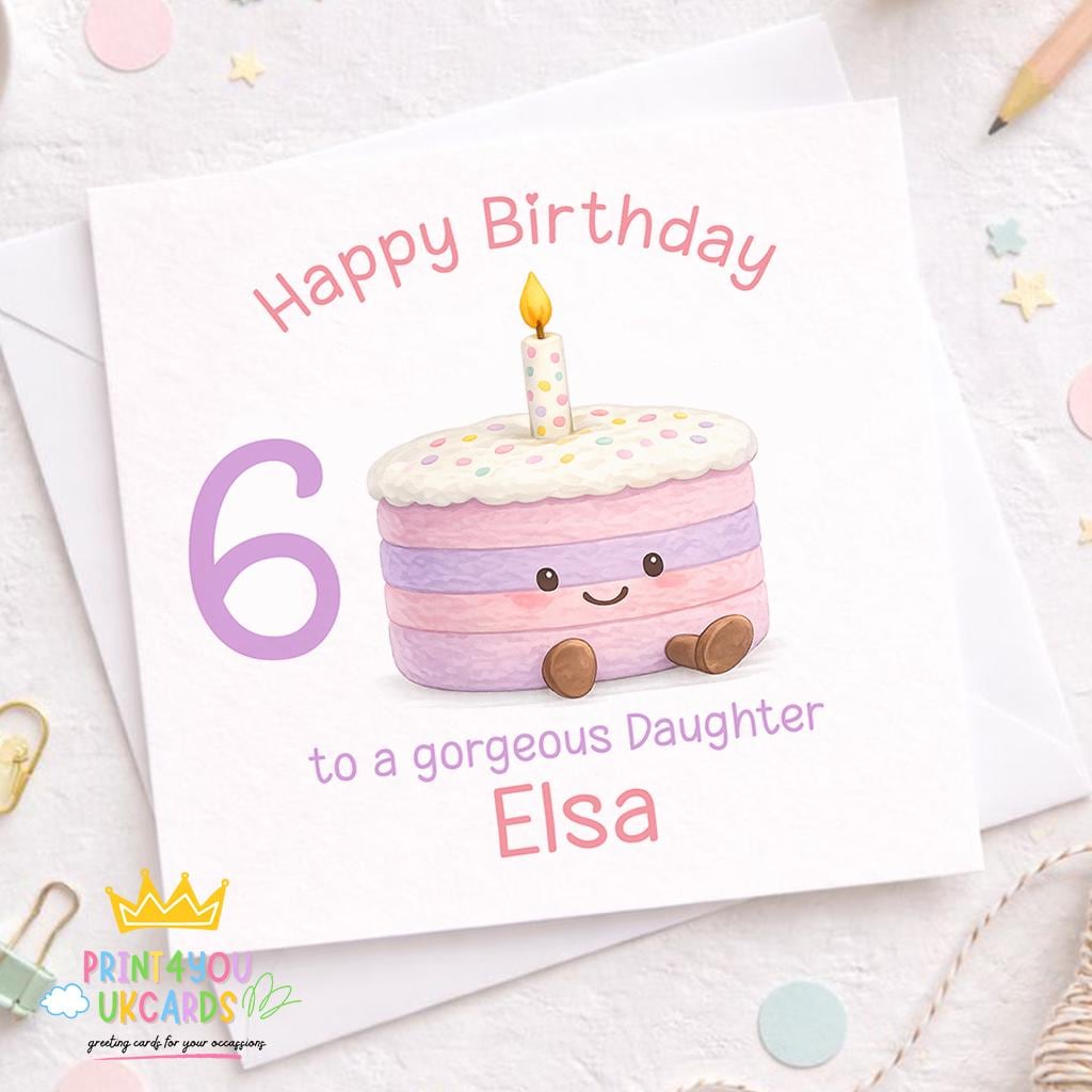 Square birthday card for a girl featuring a pastel kawaii cake design, personalised with name and age