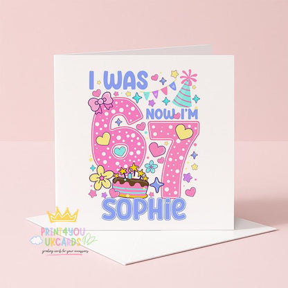Square kids birthday greeting card shown at an angle to display the six seven trend design and card stock.