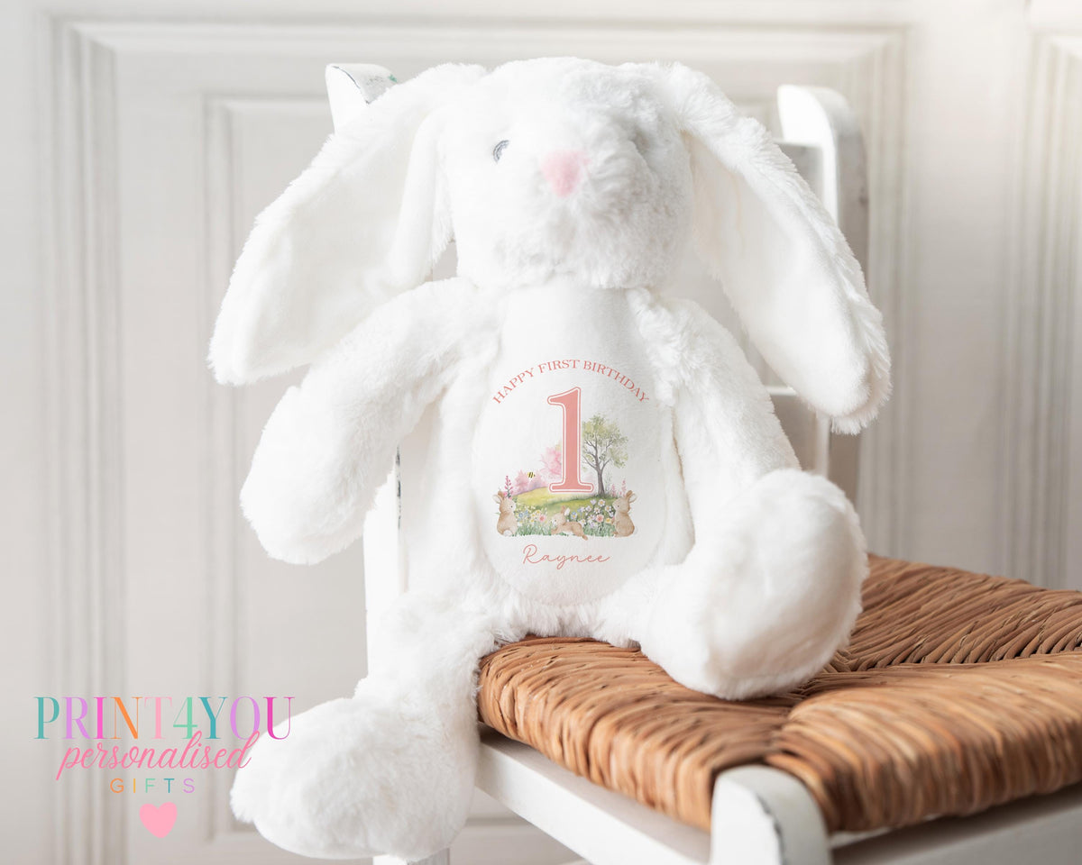 Personalised first birthday plush toy rabbit in white, approximately 25cm tall, with custom printed tummy design