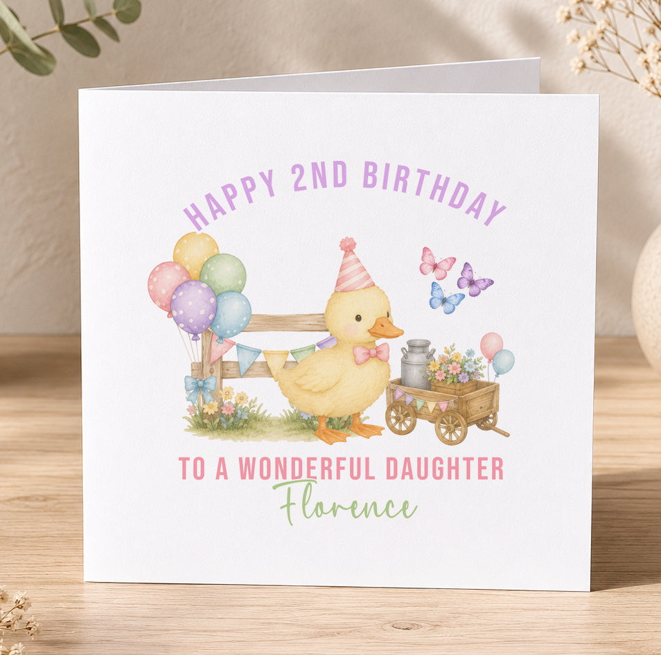 A personalised birthday card featuring a yellow duck wearing a party hat, surrounded by colourful balloons, flowers and a wagon, with the message 'Happy 2nd Birthday to a wonderful daughter Florence'.