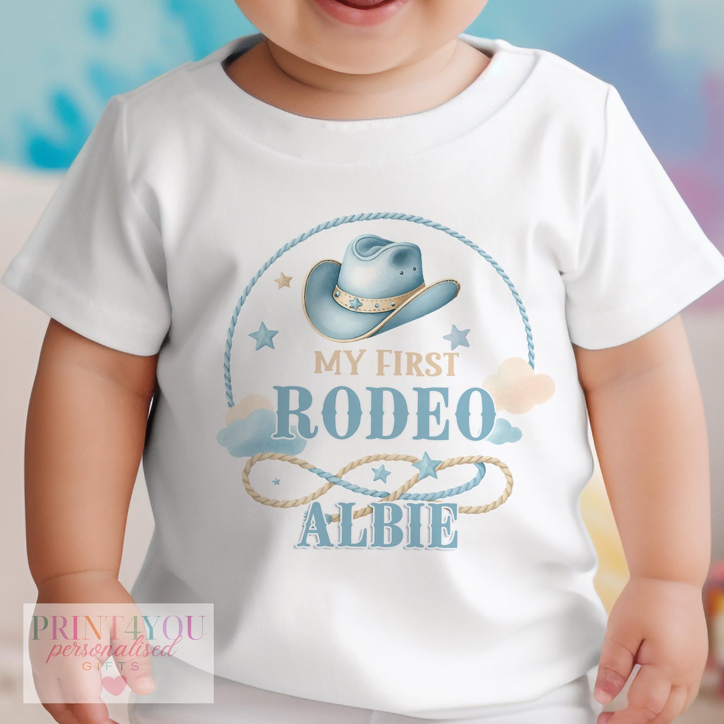 Personalised Baby Cowboy Outfit – Blue Cowboy Hat Vest & Sleepsuit Set | First Birthday Gift