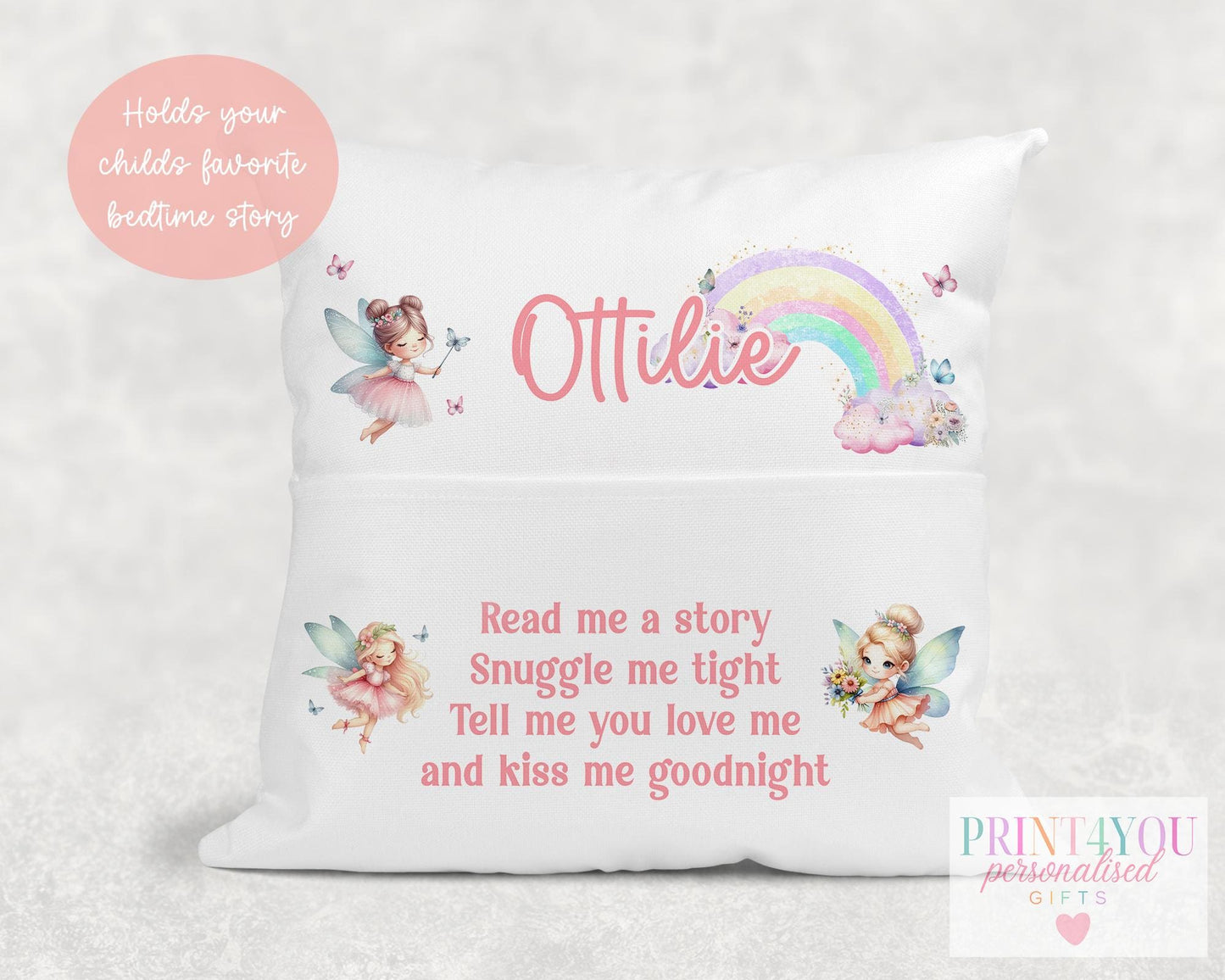Personalised fairy rainbow book cushion, soft brushed polyester detail