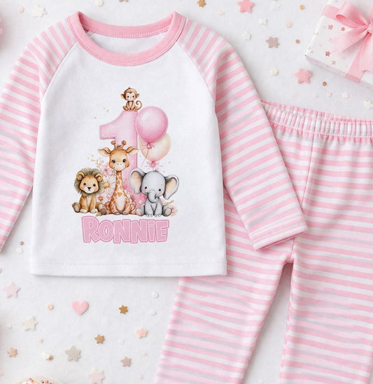 Personalised pink safari animals pyjama set with custom name, soft cotton