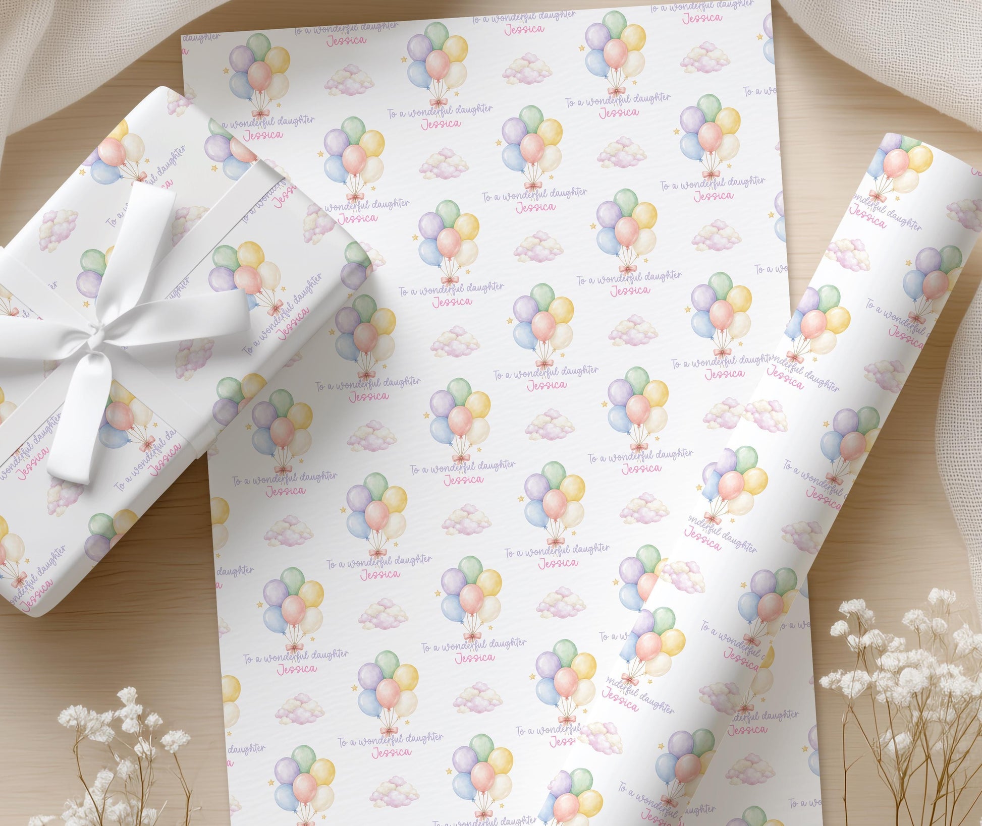 A size guide showing the available wrapping paper formats: A3, A2 and A1 sheets, and rolls from 1m to 10m, with dimensions
