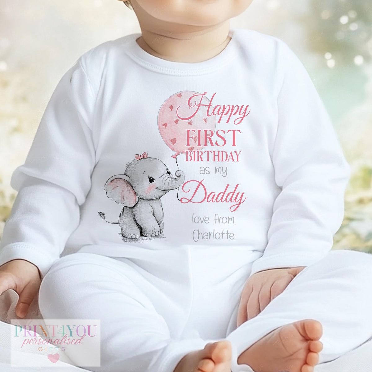 Personalised vest featuring pink elephant design and baby's name