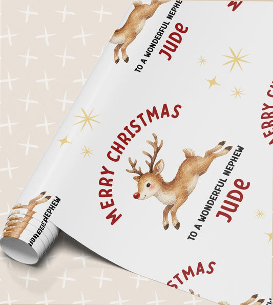 Wrapped Christmas present shown in the personalised reindeer gift wrap design