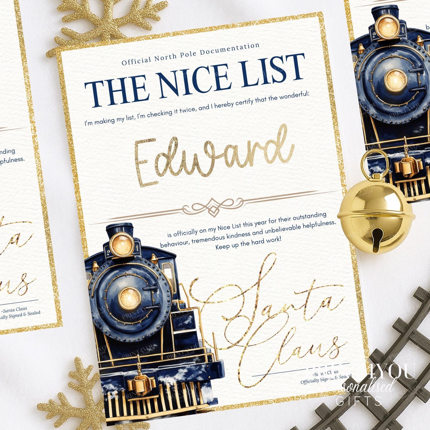 Personalised Nice List certificate with child's name in gold foil on a blue festive train design, A4 glossy card