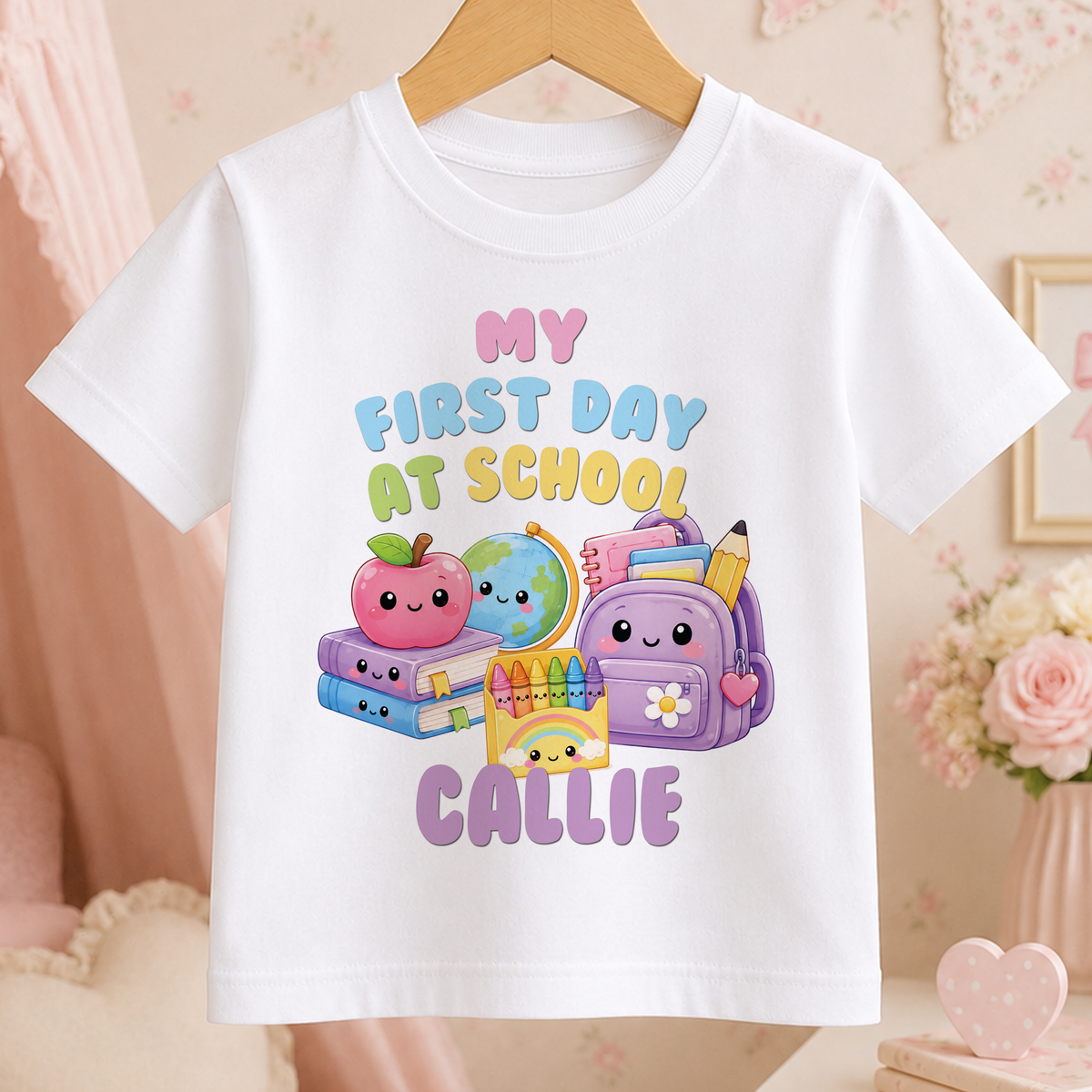 A white t-shirt with a colorful graphic design featuring cartoon characters and school supplies, along with the text "My first day at school" and "CALLIE".