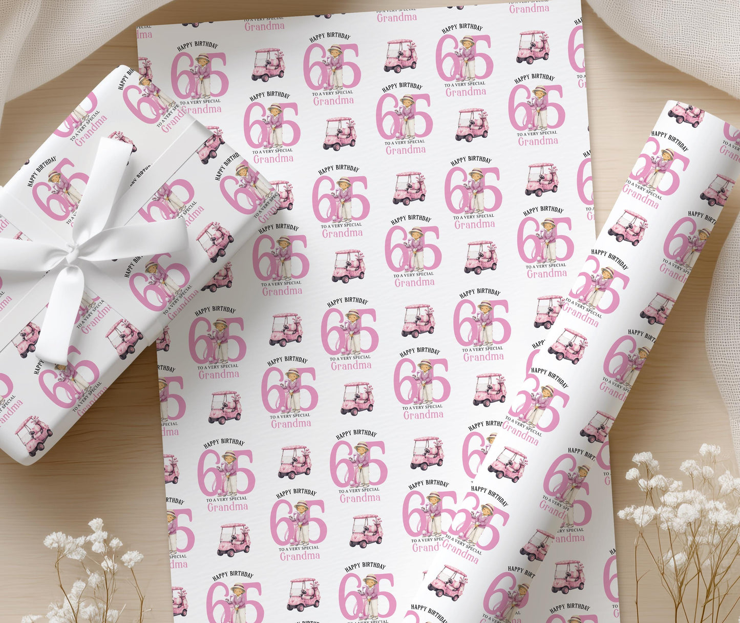 Close-up of the personalised golf wrapping paper showing the lady golfer illustration and custom age detail.