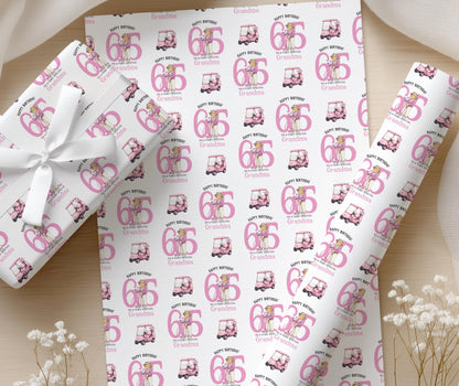 Close-up of the personalised golf wrapping paper showing the lady golfer illustration and custom age detail.
