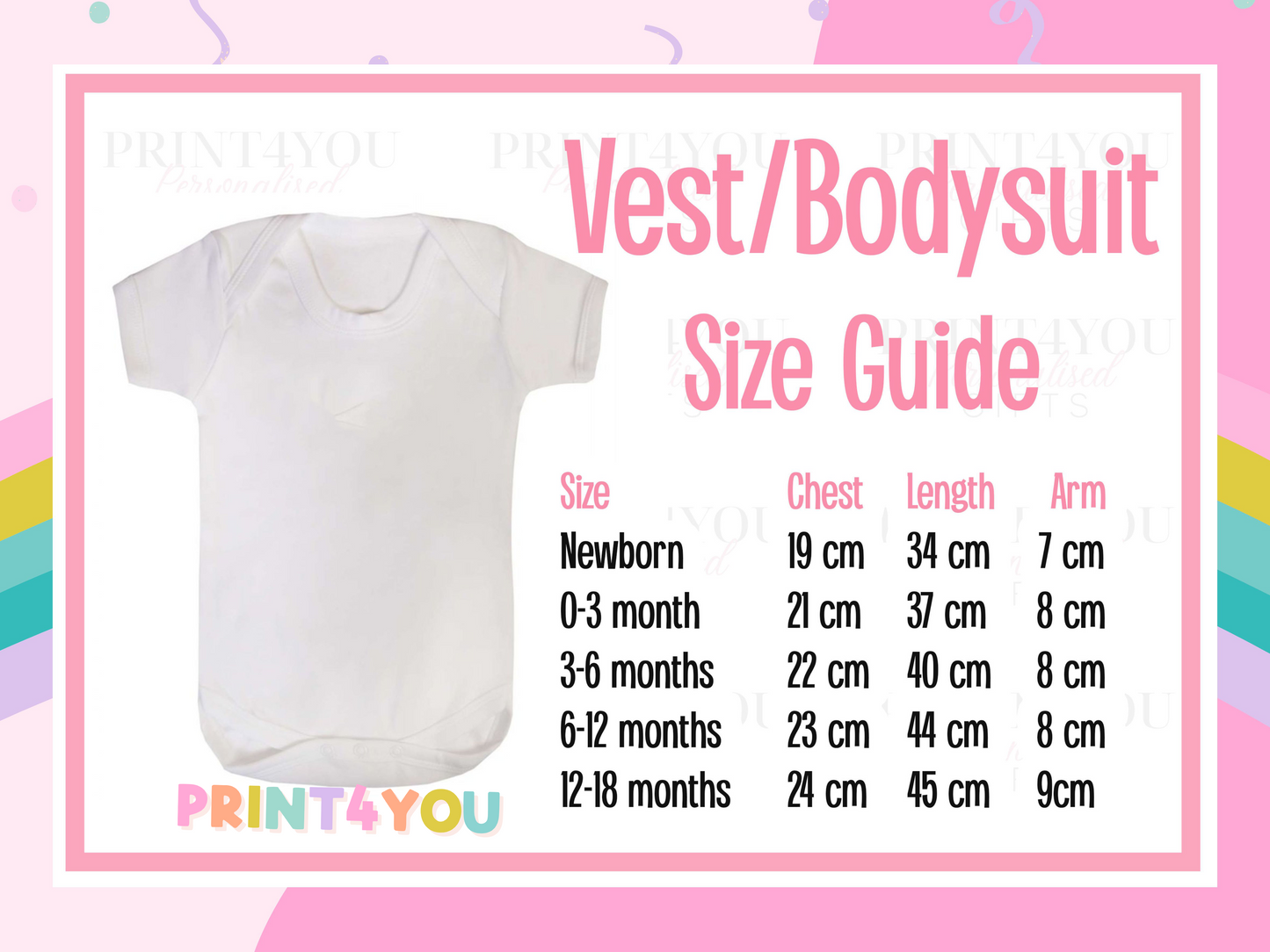 Sizing guide for a personalised baby vest or bodysuit, giving measurements for newborn, baby and toddler sizes.