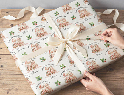 Personalised Baby First Christmas Wrapping Paper, Pink Santa Wrap