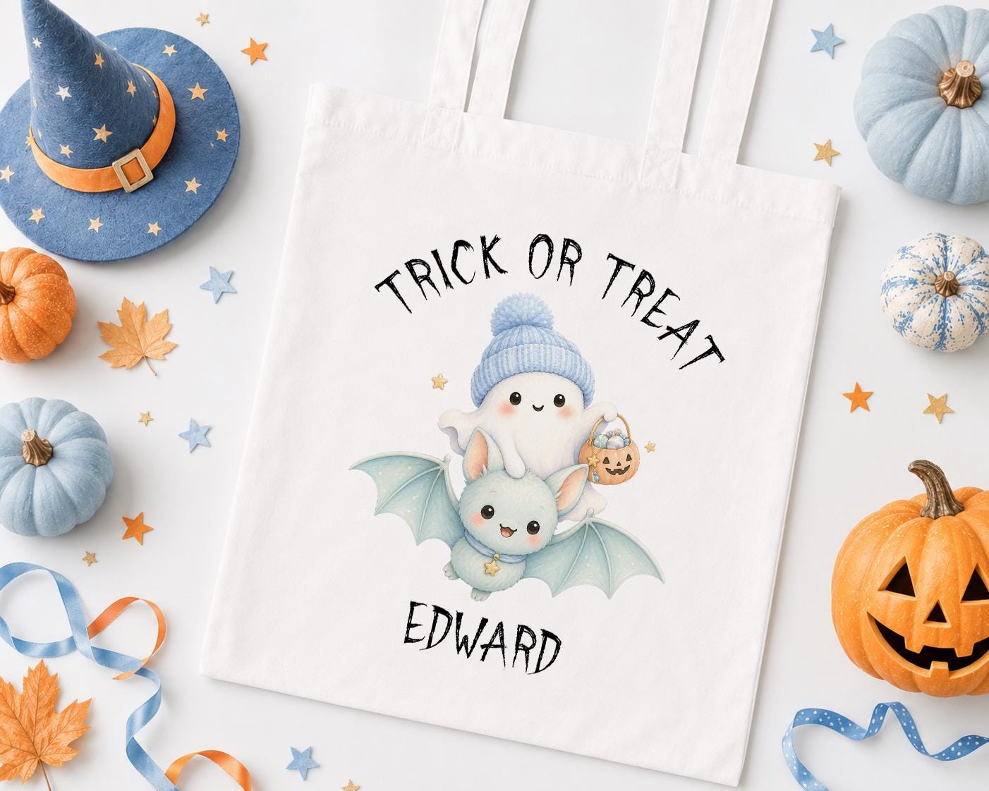 Personalised Halloween Trick or Treat Bag - Ghost & Bat Mini Tote
