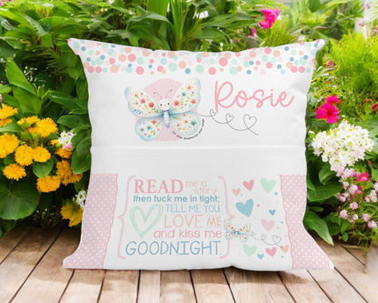 Personalised butterfly book cushion cover with custom name, 40x40cm