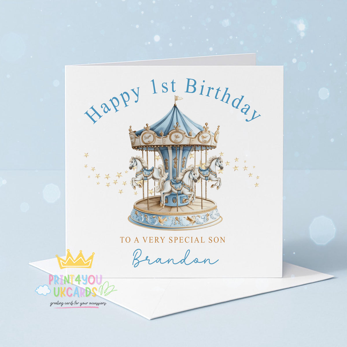 Personalised First Birthday Card – Blue Horse Carousel Merry Go Round Design - Front Only