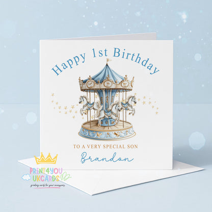 Personalised First Birthday Card – Blue Horse Carousel Merry Go Round Design - Front Only