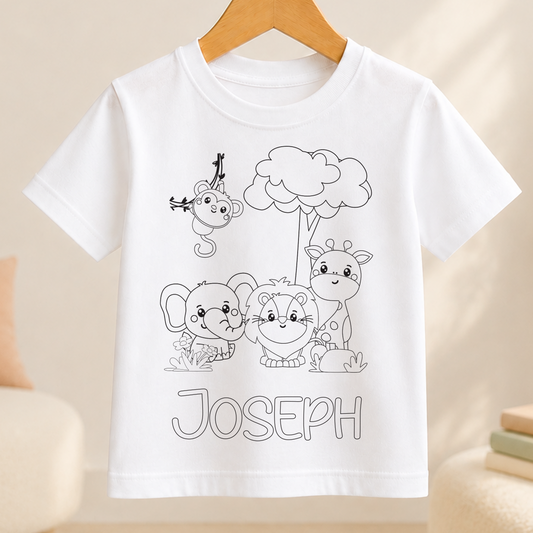 A white t-shirt with a black and white illustration of various cartoon animals, including a monkey, giraffe, and lion, along with the name "Joseph" written below the illustration.