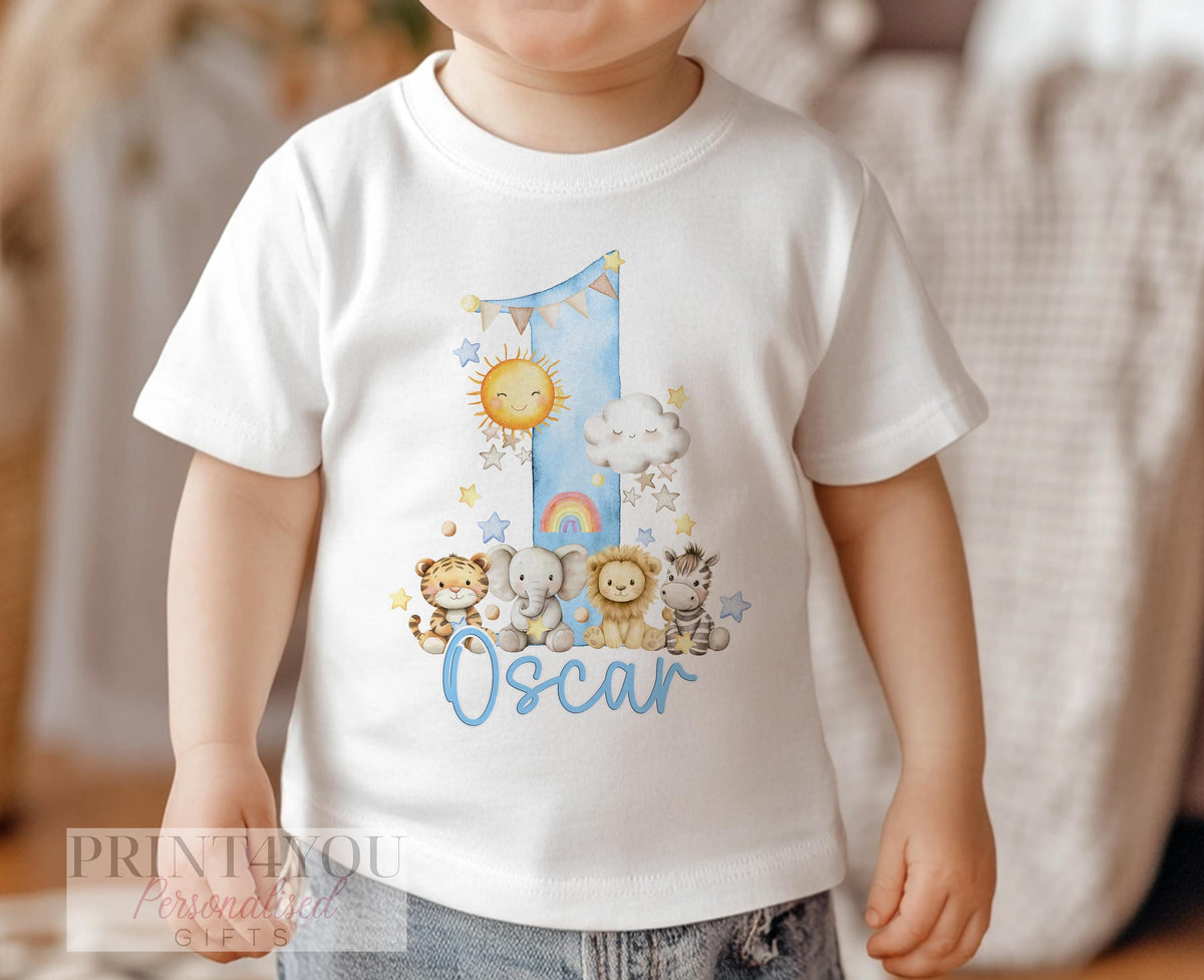 Close-up of the lion, giraffe and elephant safari design on a personalised birthday t-shirt