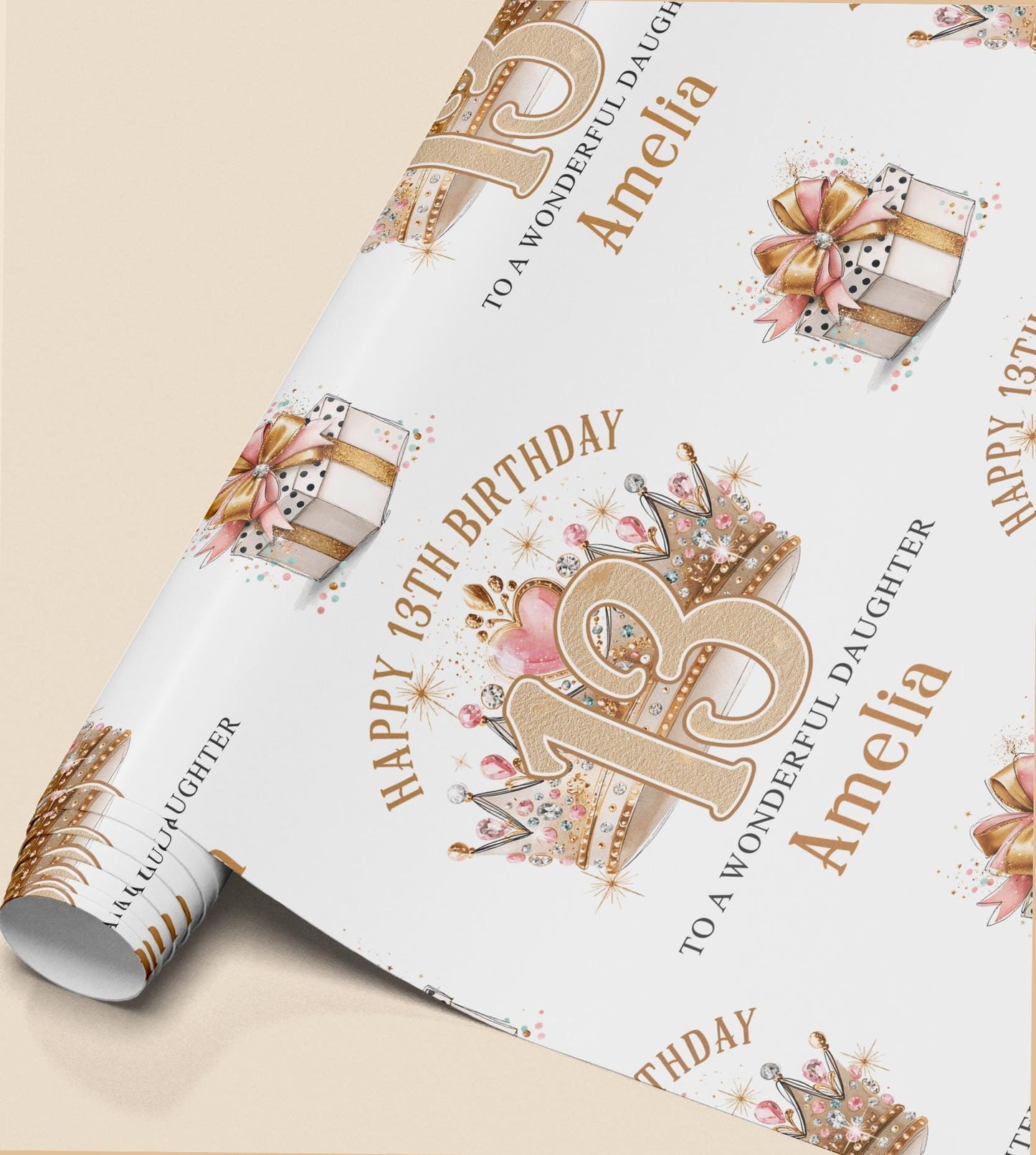 Personalised crown wrapping paper sheet laid flat showing the full repeating glitter crown pattern with name and age.