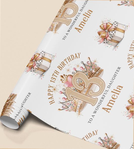 Personalised crown wrapping paper sheet laid flat showing the full repeating glitter crown pattern with name and age.